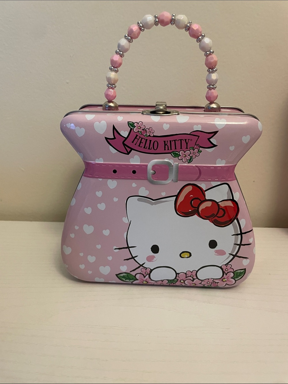 Hello Kitty Pink Beaded Handle Tin Purse